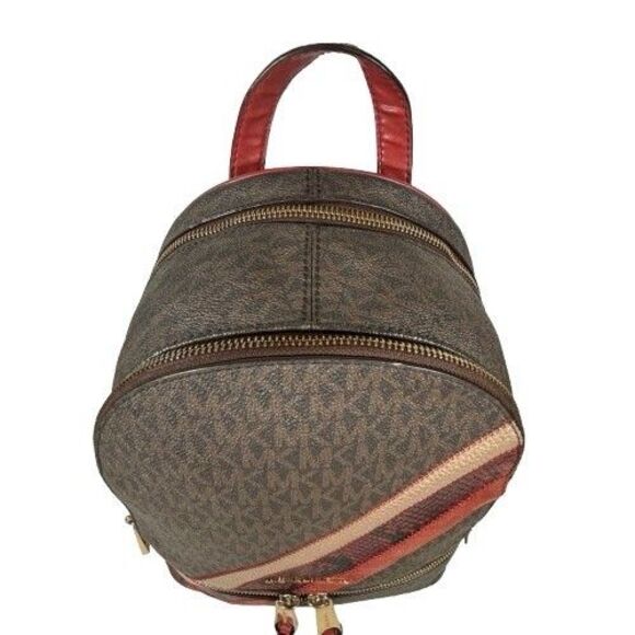 Rare Michael Kors Rhea Zip Backpack Signature Logo Red Snakeskin Suede Stripe - Picture 16 of 16